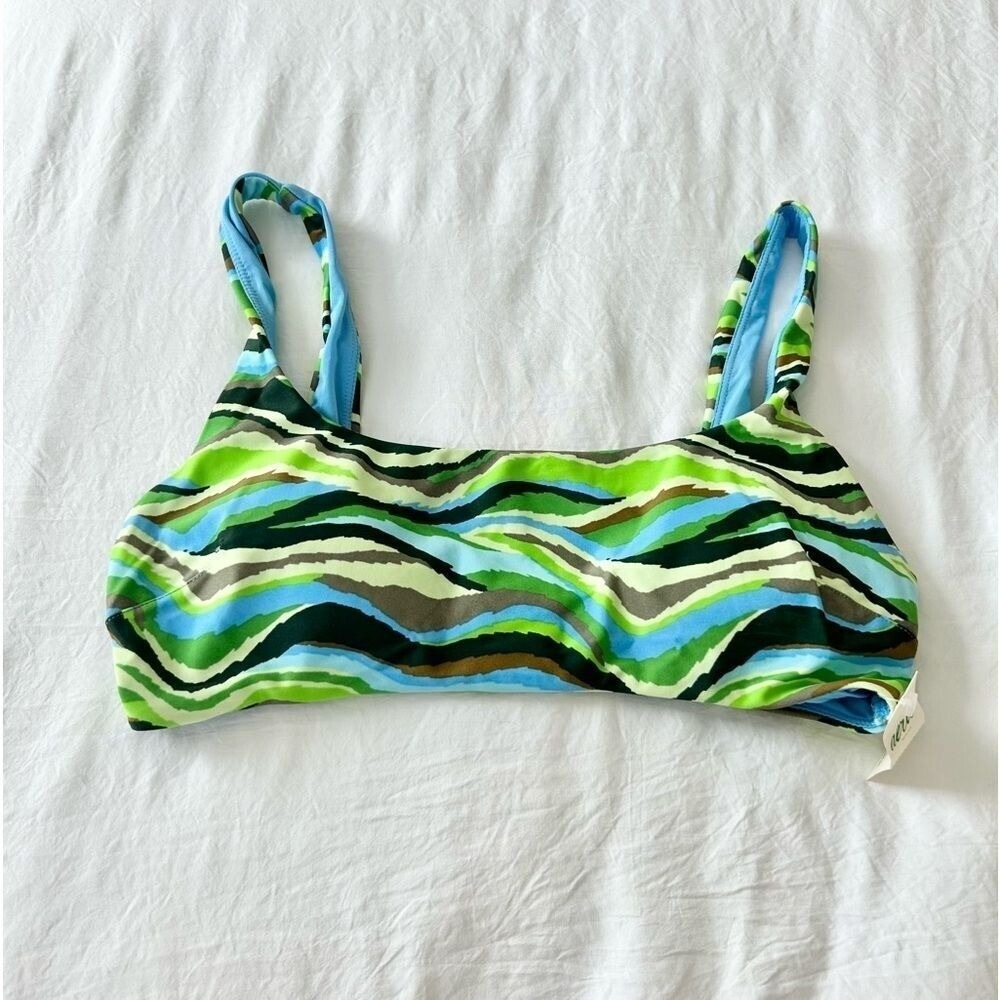 Aerie Scoop Bikini Top Green Blue Wave‎ Print Swim Top Medium